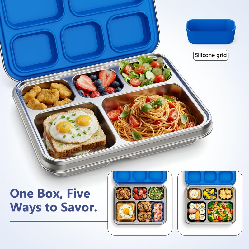 Pawtong Stainless Steel Lunch Box, 5-Compartment Bento Lunch Box for