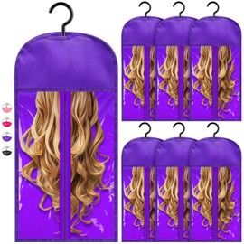 XGHSHW 6 Pcs Hair Extension Holder, Wig Storage Bags with Hanger Wig Holder for Multiple Wigs Hair Extensions, Wigs and Accessories (Purple)