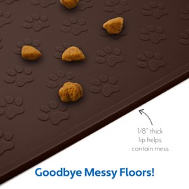 MIGHTY MONKEY 100% Waterproof Dog Food Mat, Raised Edges Silicone Pet Feeding Placemat for Cat, Dogs, Pet Bowls, High Lipped Tray Prevents Water Spills, Food on Floor, Dishwasher Safe, 22x14, Brown