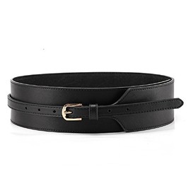 Womens Obi Belt Vintage PU + Genuine Leather Buckle Waist Belt Fashion Wide Belts (37.4", black)