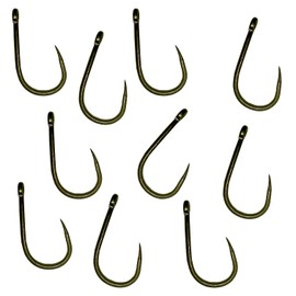 Carp On - Packs of 10 Size 6 WIDE GAPE Fishing Hooks Eyed - Made From Teflon Coated Carbon Steel (Barbless - Camo Green, Pack of 10 - Size 6) [14-8106]