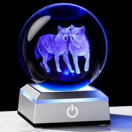 3D Crystal Ball Wolf Figurine with LED Light Base - Wolf Gifts for Men Women Kids Lovers Collectible Glass Wolf Decor on Birthday Christmas Mothers Father Day Gift for Mom Friend Wolf Statues Stuff