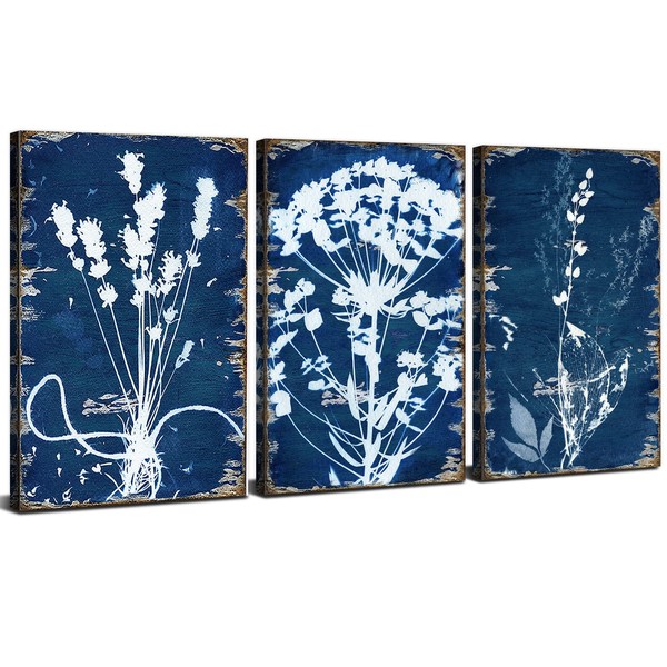 Navy Blue Wall Art Boho Botanical Canvas Art Wall Decor for Living Room Blue and White Plant Pictures Bathroom Flower Painting Vintage Minimalist Floral Poster Artwork Bedroom Home Decoration 12x16" 3 Pcs