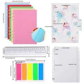 QincLing A5 Refillable Note Paper Set, 1 Pack, 50 Sheets, 6 Holes, A5 Refill Paper, Lined, 6 Colored PVC Binding Sheets, Dividers, 125 Pieces Index Tabs with Ruler for Journal Notebooks