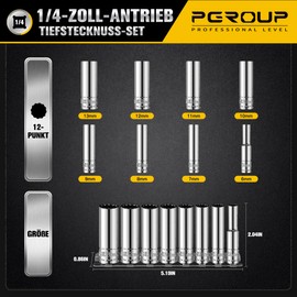 PGROUP Long 12-Point 12-Point Multi-Tooth Socket Spanner Spanner Socket 1/4 Inch Double Hexagonal/Double Hexagon, 8 Pieces Metric 6-13 mm, Chrome Vanadium Steel