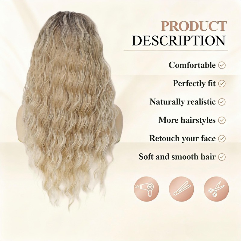 Ombre Blonde Long Wavy Wig for Women, with Dark Roots