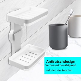 KlaroSpace Bathroom Soap Dish with Drain, 5 kg Load Capacity, Double System No Drilling, Wall Mounted with Suction Cups, White/Grey (Shower/Kitchen/Sponge Holder)