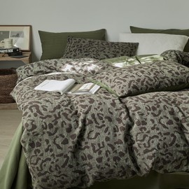 mixinni Leopard Duvet Cover Queen Size, Premium Yarn-Dyed Jacquard Cotton Duvet Cover with Green Leopard Print, Farmhouse Bedding Set with 2 Pillowcases Perfect for Him and Her-(Queen Size, Green)