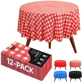 Utopia Kitchen 12 Pack Premium Red Checkered Plastic Table Cloth, 84 Inch Disposable Tablecloth Round Waterproof Table Cover