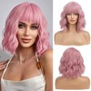 OUFEI Pink Wigs for Women Short Wavy Wig With Bangs