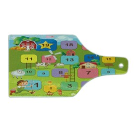 Lunarable Animals Cutting Board, Colorful Squares with Written Numbers Farmer Animals Funny Farmland Cartoon, Decorative Tempered Glass Cutting and Serving Board, Wine Bottle Shape, Multicolor