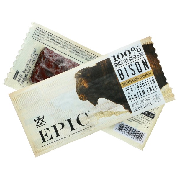 Epic (muestra) barra de carne totalmente natural, 100% alimentada con zacate, bisonte, tocino sin curar y arándano, barra de 14 oz