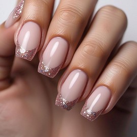 Short Press on Nails Coffin Fake Nails French Tip Nails Press ons Glossy Glue on Nails Pink False Nails with Glitter Designs Cute Acrylic Nails Artificial Stick on Nails for Women 24Pcs