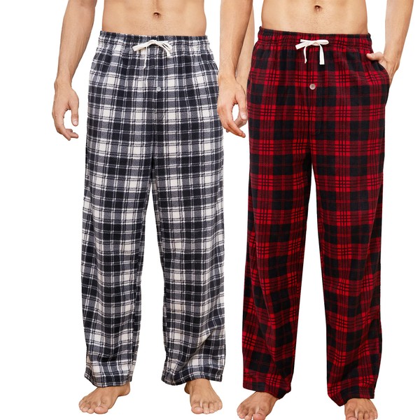 U2SKIIN 2 Pack Mens Fleece Pajama Pants, Warm Plaid Lounge Pj Bottoms for Men with Pockets Soft(Red-Black Plaid/White-Black Plaid, L)