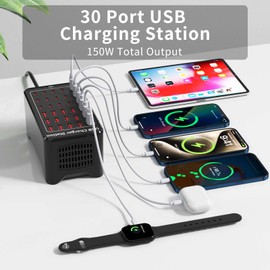 150W(30A) USB Charging Station, 30-Port USB C Charger Block, Multiple Desktop/Wall Fast Charger with Intelligent Protection Compatible with iPhone, iPad, Tablets, Smartphones