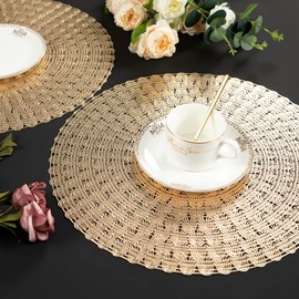 Mabbcoo Round Placemats Set of 6, 15 Inch Gold Vinyl Placemats Hollow Out Washable and Wipeable Gold Circle Place Mats Dining Table Mats for Anniversary Dinner Kitchen Decorations