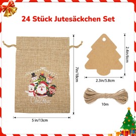 G2PLUS Pack of 24 Large Advent Calendar Jute Bags, 13 x 18 cm Christmas Jute Bags, Gifts Jute Bags with Tree Pendant, Christmas Gift Bags for Advent Calendar, Christmas Tree Decoration
