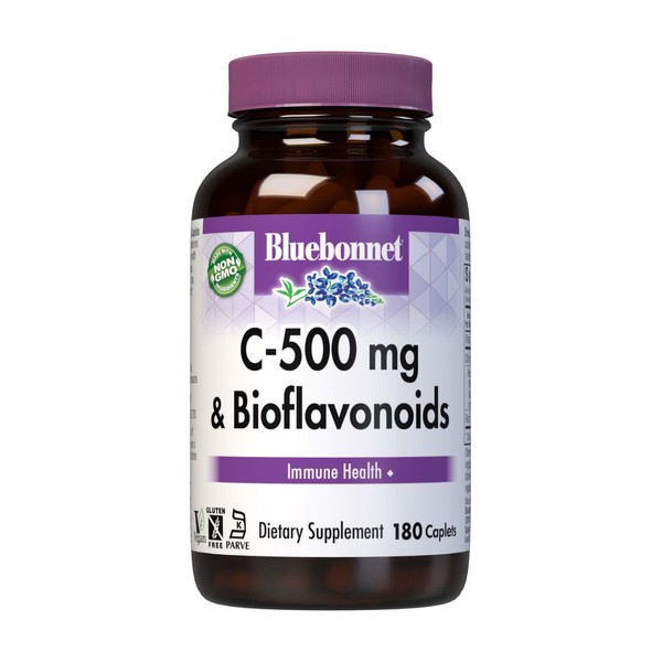 Bluebonnet Nutrition C-500 mg Plus Bioflavonoids Caplets, Vitamin C 500 mg, Citrus Bioflavonoids 250 mg, for Immune Health, Soy Free, Gluten Free, Non-GMO, Kosher, Dairy Free, Vegan, 180 Caplets