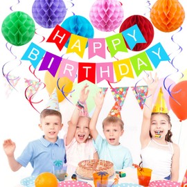 ELOPELY Birthday Party Decorations, Happy Birthday Banner, Honeycomb Ball, Tissue Pompoms, Hanging Swirl, Star Garland, Birthday Decorations for Women Men Girls Boys (Rainbow)