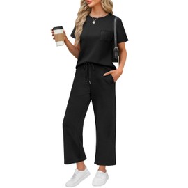 WIHOLL 2 Piece outfits Women fashion lounge wear sets for women uk Casual Summer Travel Vacation Outfits Short Sleeve Wide Pants Black M