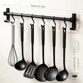 QYDKWK Kitchen Hanging Rack Utensil Rod, Metal Kitchen Holder Hanger, Wall Mounted Storage Rail Rack with 6 Movable Hooks for Hanging Cooking Utensils, Mugs, Spoons (15.7 inch, Black)