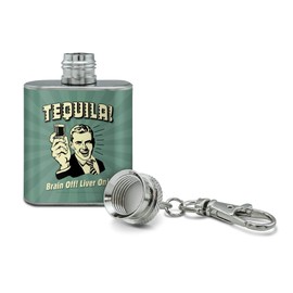 Tequila Brain Off Liver On Funny Humor Retro Stainless Steel 1oz Mini Flask Key Chain