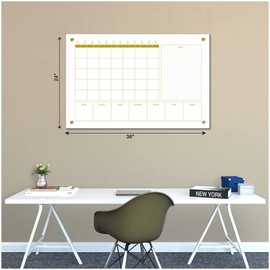 Marribol Glass 3-1 Golden Monthly Dry Erase Calendar Whiteboard for Wall,24"x 36",Frameless Mounting,Office/School/Home, Frameless Large Planner White Board