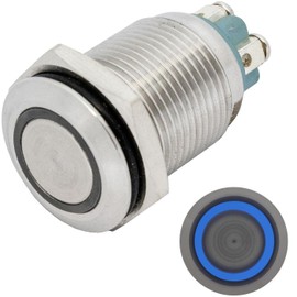 Lumonic Stainless Steel Push Button Flat 16 mm Diameter I with a Ring LED in Blue Dimensions: Screw Connection 250 V 3 A I Vandal Proof According to IP65 Sta