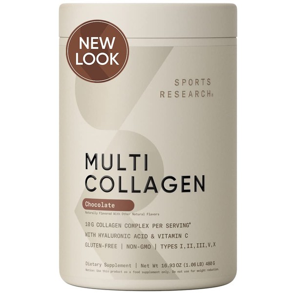 Sports Research Multi Collagen Protein Powder (Type I, II, III, V, X) with Hyaluronic Acid + Vitamin C | 5 Types of Food Based Collagen, 30 Servings (Chocolate)