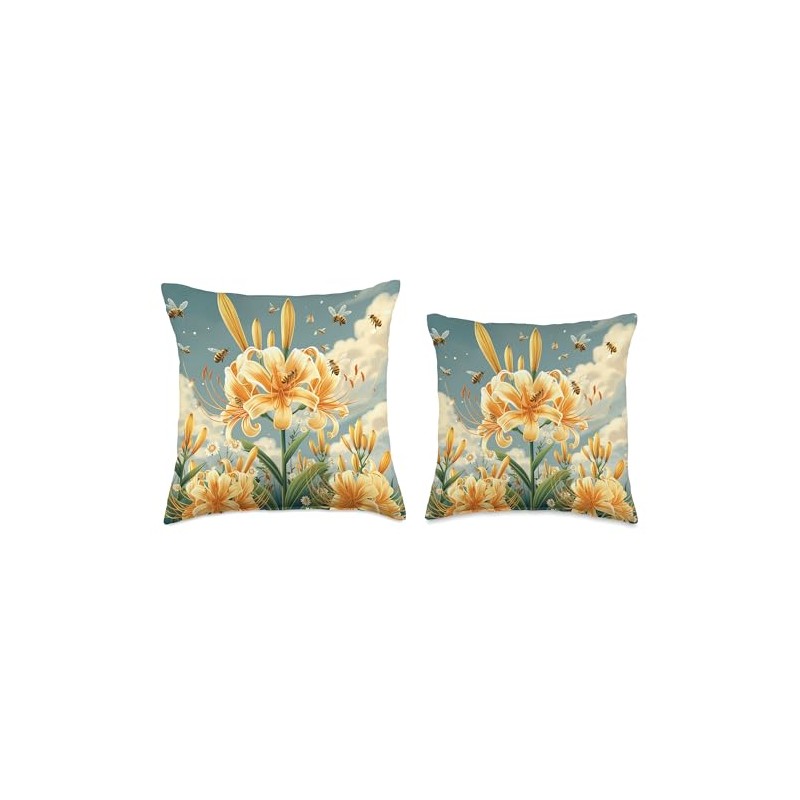 Spider Lily Flower Blooming With Bees Around Graphic Throw Pillow