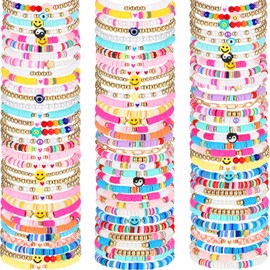 Equsion 100 Pcs Friendship Bracelets Bulk Clay Bead Bracelet Surfer Bracelets Mixed Style Preppy Heishi Surfer Bracelets Set Colorful Stretch Bracelets Clay Bracelets for Women