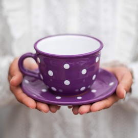 Handmade Purple and White Polka Dot Large Ceramic 12oz/350ml Cappuccino Coffee Tea Cup and Saucer, Unique Designer Pottery for Tea Lovers by City to Cottage