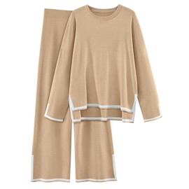 LILLUSORY Women Fall 2 Piece Lounge Set Outfits Sweatsuits Long Sleeve Sweater Tops Wide Leg Pants 2025 Khaki L