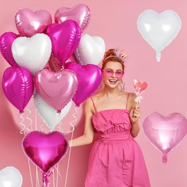 18PCS Hot Pink White Heart Foil Balloons, 18 Inch Hot Pink and White Mylar Heart Shape Balloons Large Hot Pink Pearl Pink White Heart Balloons for Valentine's Day Birthday Wedding Bridal Baby Shower