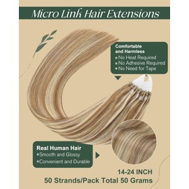Ugeat Micro Loop Hair Extensions Golden Brown Highlights Bleach Blonde Micro Bead Hair Extensions Real Human Hair Micro Link Hair Extensions Cold Fusions Hair Extensions 14 Inch 50s 50g