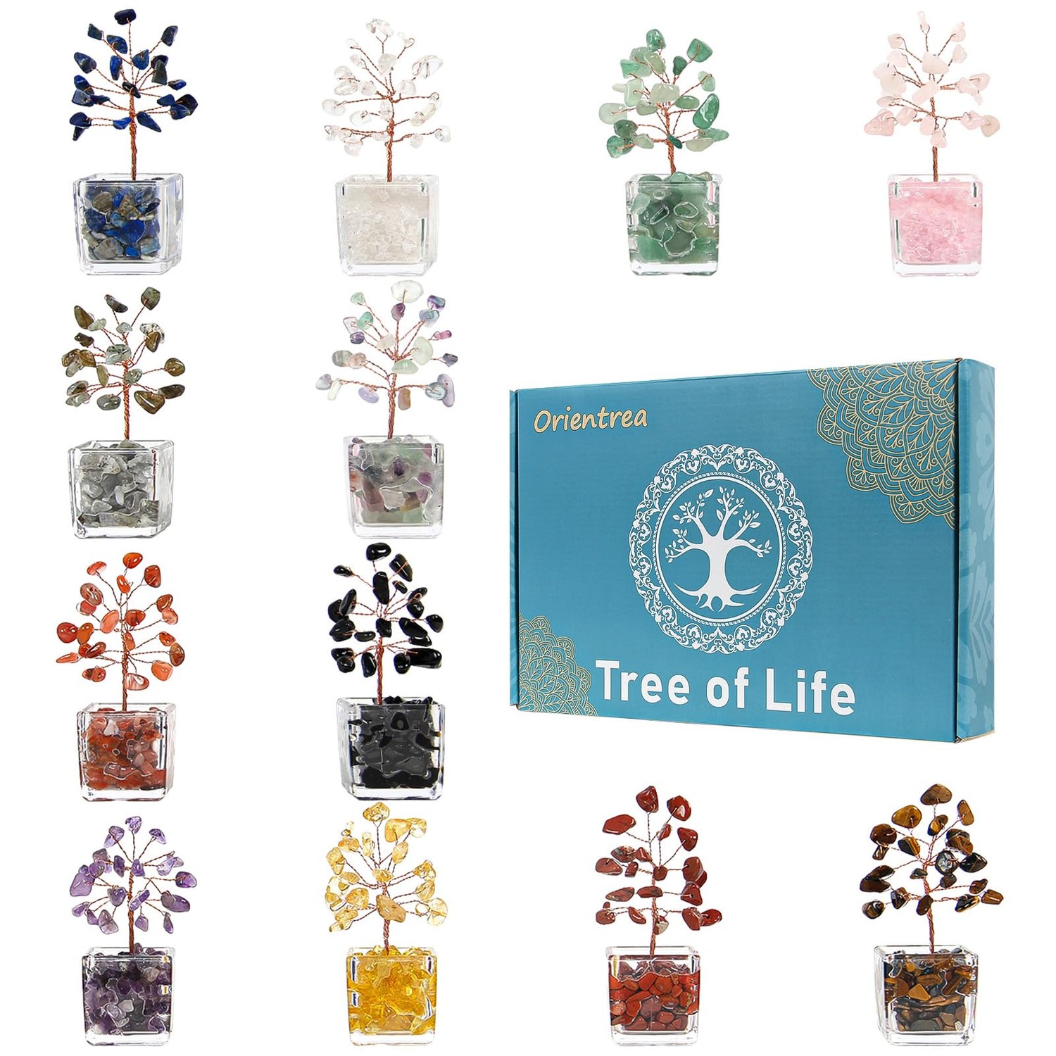 Orientrea 12PCS Mini Crystal Tree Set, Chakra Tree of Life - Natural ...