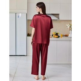Ekouaer Satin Pajama Set for Women Short Sleeve Silky Pjs 2 Piece Lounge Sets Soft Comfy Sleepwear Loungewear Wine Red S