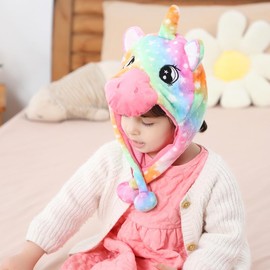 MICHLEY Plush Kawaii Super Soft Warm Hats with Ear Flaps for Kids, Cozy Fleece Winter Hat for Kids and Children-Rainbow Unicorn