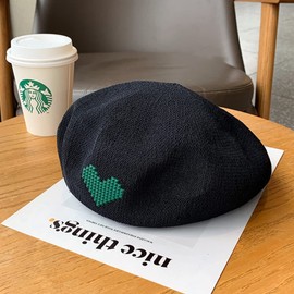 Qzkouma HRZ-261 Heart-Pattern Beret Women's Painter Hat, Thin, Knit Hat, Cap, Newsletter, Retro, Casual, Stylish, All Seasons, Black