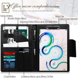 Toplive Portfolio Case Padfolio, Executive Business Document Organizer with Letter Size Clipboard, Business Card Holder, Tablet Sleeve, Perfect for Business School Office Conference, Tree-Black