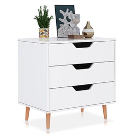 ZERDER Wooden Dresser for Bedroom with 3 Drawers, Chest Organizer for Living Room, Bedroom, Entryway or Office, Closet Organizer with Wooden Legs, Nightstand Bedside Table Furniture, White