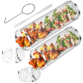 Beenle-Icey Round Grill Baskets Outdoor Camping Picnic Stainless Steel Cookware Accessories 20cm&30cm Rolling BBQ Grill Mesh Baskets for Vegetables,Seafood, Meat,Chicken Wings