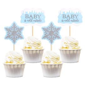 Keaziu 36 piezas de adornos de copo de nieve para cupcakes, color azul y plateado, diseño de copo de nieve para bebé está frío fuera de las púas de cupcakes de Navidad con temática de copo de nieve para baby shower, fiesta, suministros de pasteles, decor