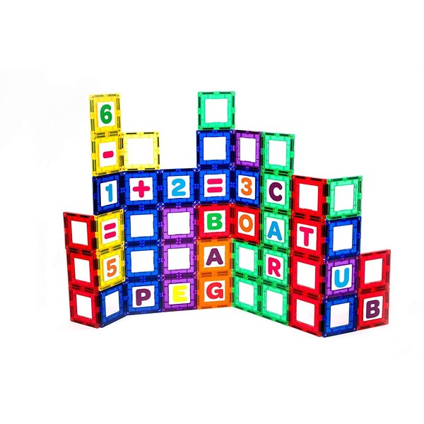 Playmags Magnetic Tile Building Set: Exclusive Educational Clickins – 80-Pc. Kit: 40 Super Strong Clear Color Magnet Tiles Windows & 40 Letters & Numbers – Stimulate Creativity & Brain Development