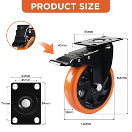 Caster Wheels, Heavy Duty 5 Inch Casters Set of 4, Locking Swivel Casters Wheels for Cart, Furniture and Workbench, Orange