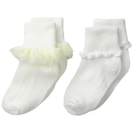 Jefferies Socks Big Girls' Ruffle and Ripple Edge Turn Cuff Socks, Ivory/White, Toddler(Pack of 2)