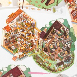 2 Sets DIY 3D Fun Large Size House Scene Stickers with Tweezers Make Your Own Panda Tea House Capybara Farm Sticker Scenes Cute Animal Micro Stickers for Relief Stress Pass The Time