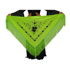 AMINA Medium Peak Shawl Triangular Flamingo or Sevillanas (170 x 70 cm) Green Embroidered Flowers Black