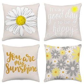 Hexagram Spring Summer Pillow Covers 18x18 Set of 4, Outdoor Floral Daisy Decorative Grey Throw Pillow Covers, You are My Sunshine Farmhouse Cushion Case for Couch Sofa Indoor Home Decor(No Insert)