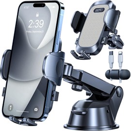 HTU Automotive Accessories Car Phone Stand [True Military-Grade] Car Phone Holder【2024 Stronger Suction & Clip】 Universal Cell Phone Holder for Car Mount for Dashboard Windshield Air Vent Car Mount